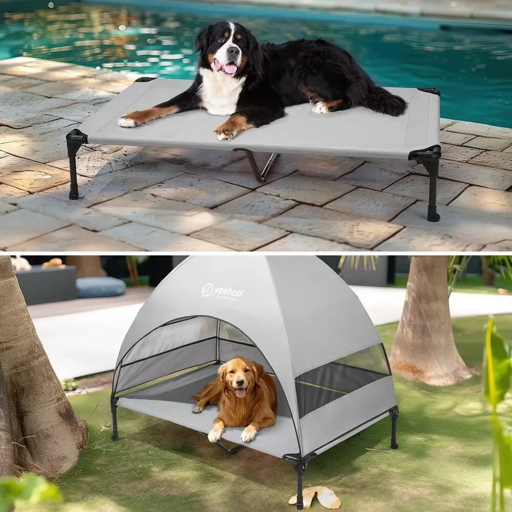 Cooling Elevated XL Outdoor Dog Bed w Canopy Portable Shade Cot, Grey 49 x 43.5